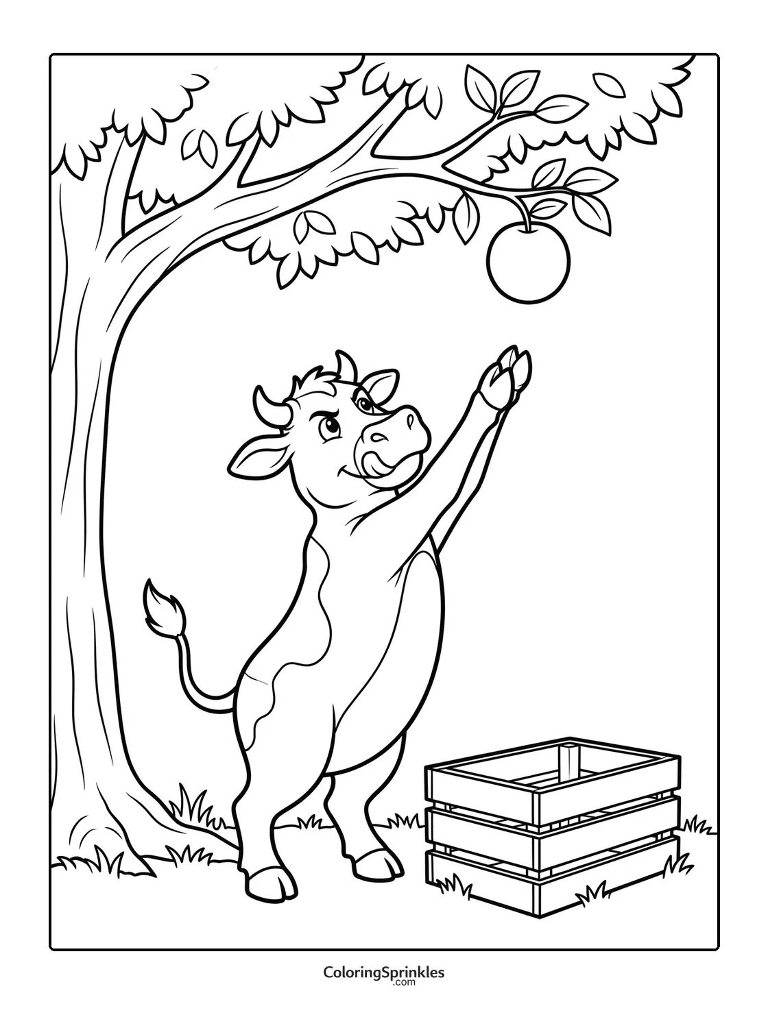 Coloring page of a cow reaching for an apple on a tree near a crate