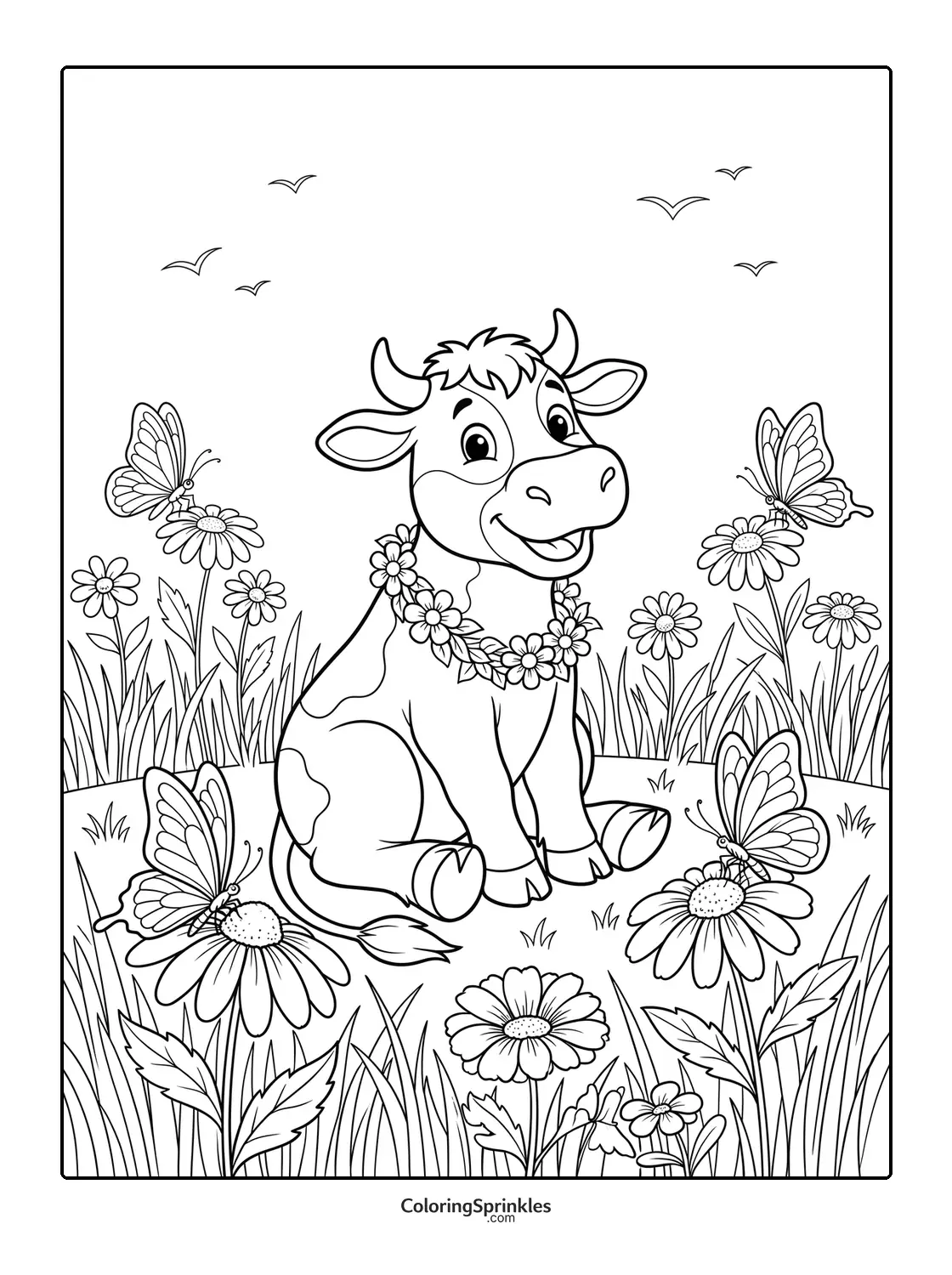 Coloring page of a happy cow sitting among flowers with butterflies in a garden