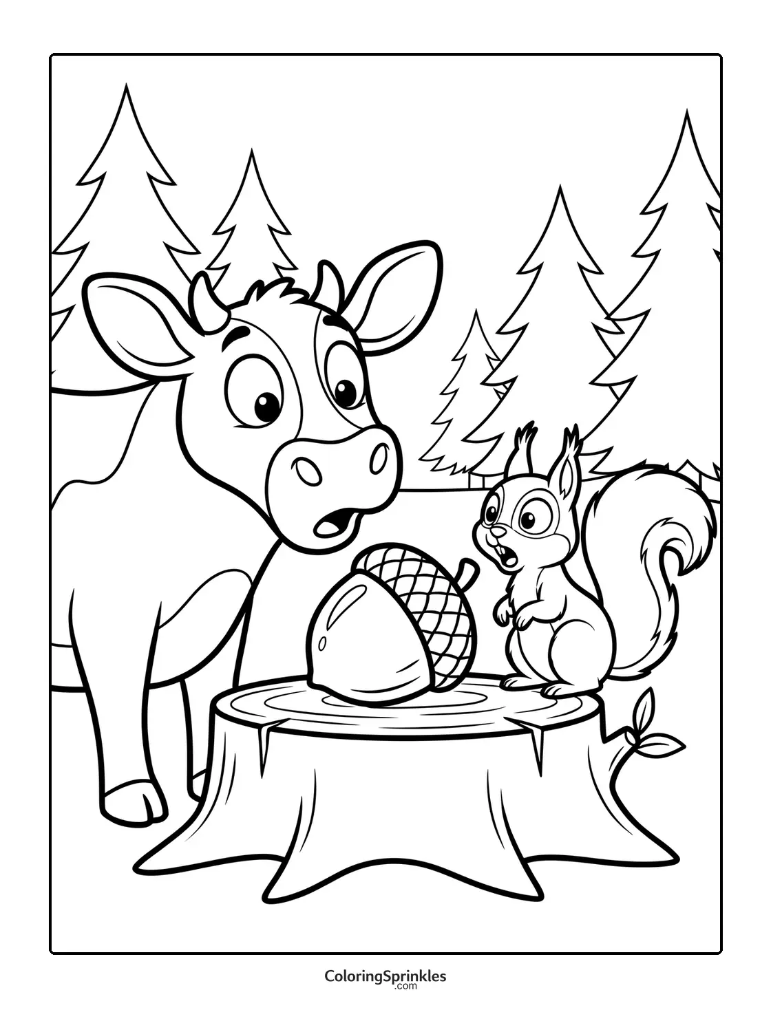 Coloring page of a cow and squirrel surprised by a large acorn on a tree stump in a forest
