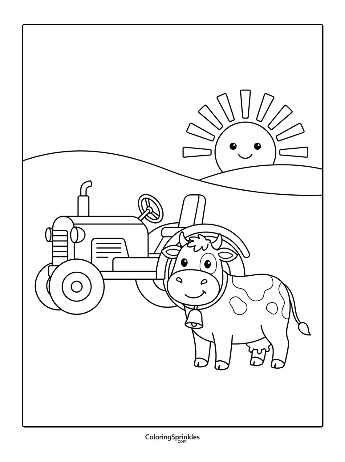 Coloring page of a cow standing near a tractor with a smiling sun over hills