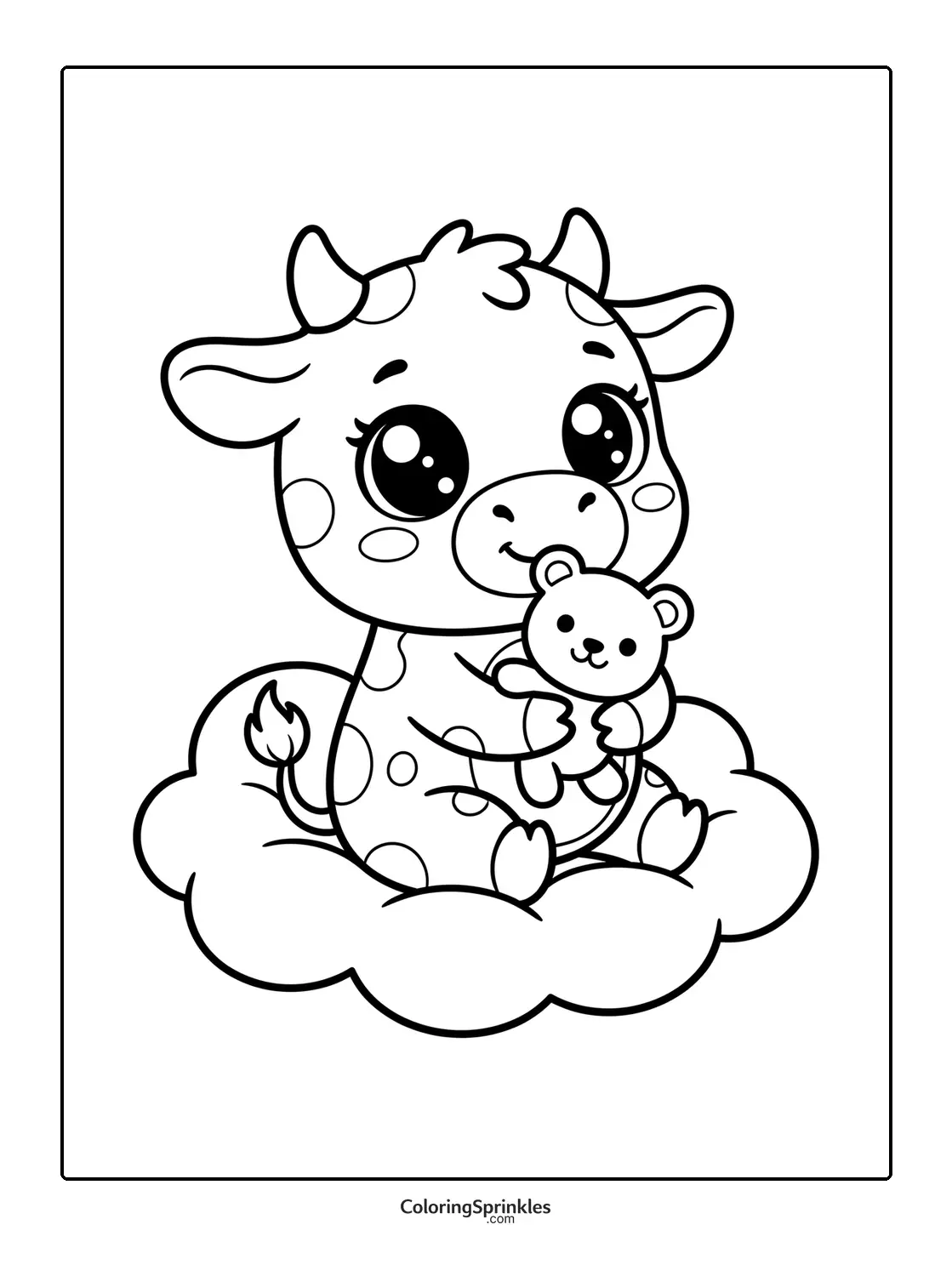 Coloring page of a cute calf holding a teddy bear while sitting on a cloud