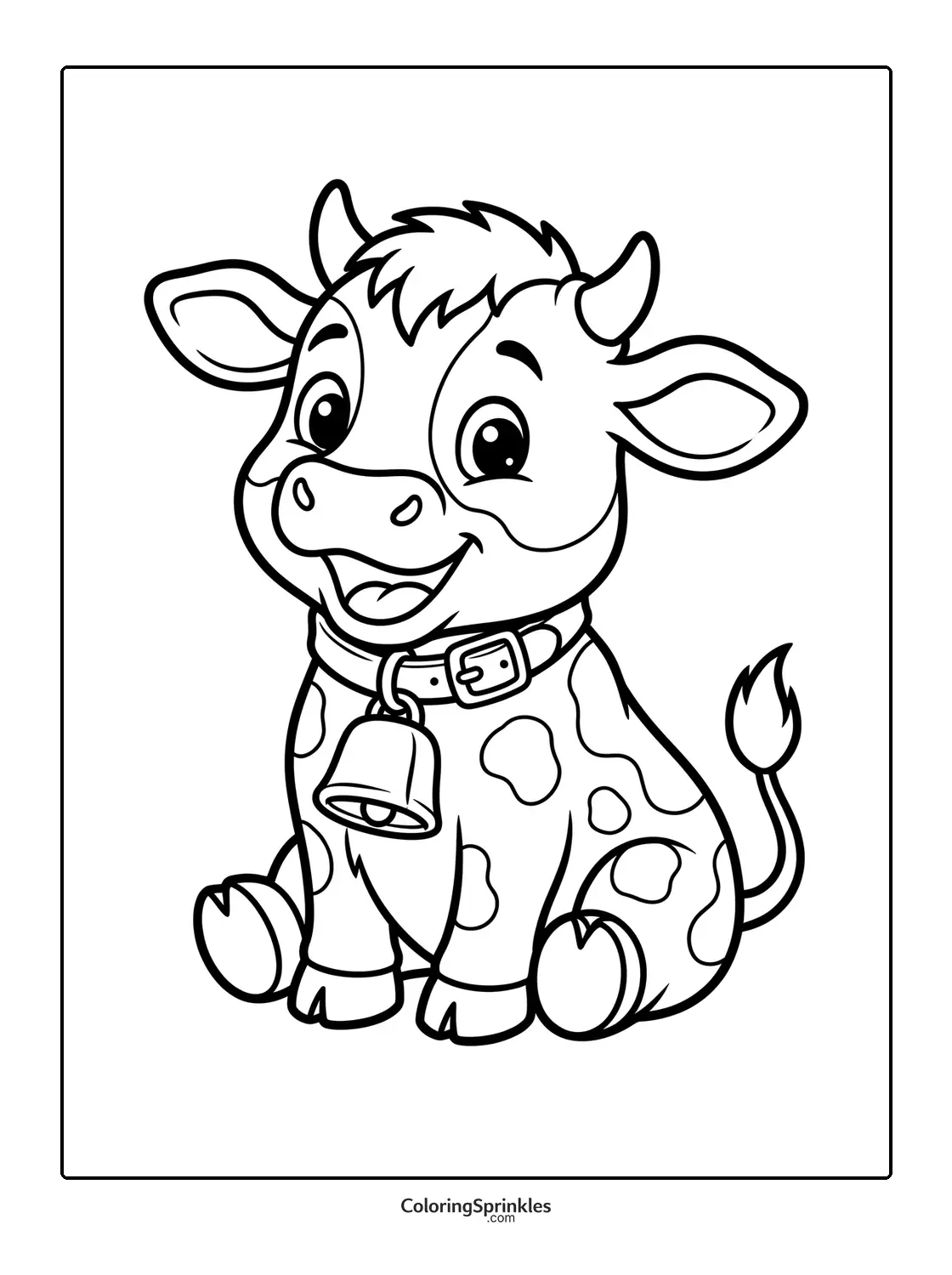 Coloring page of a cute cow calf sitting with a bell collar