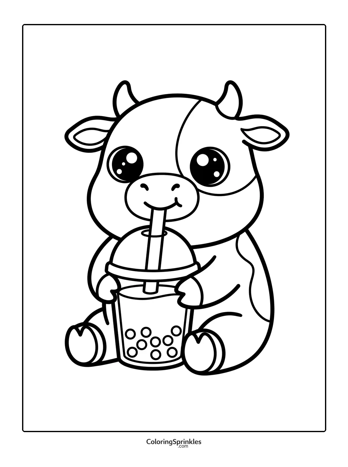 Coloring page of a cute cow drinking bubble tea