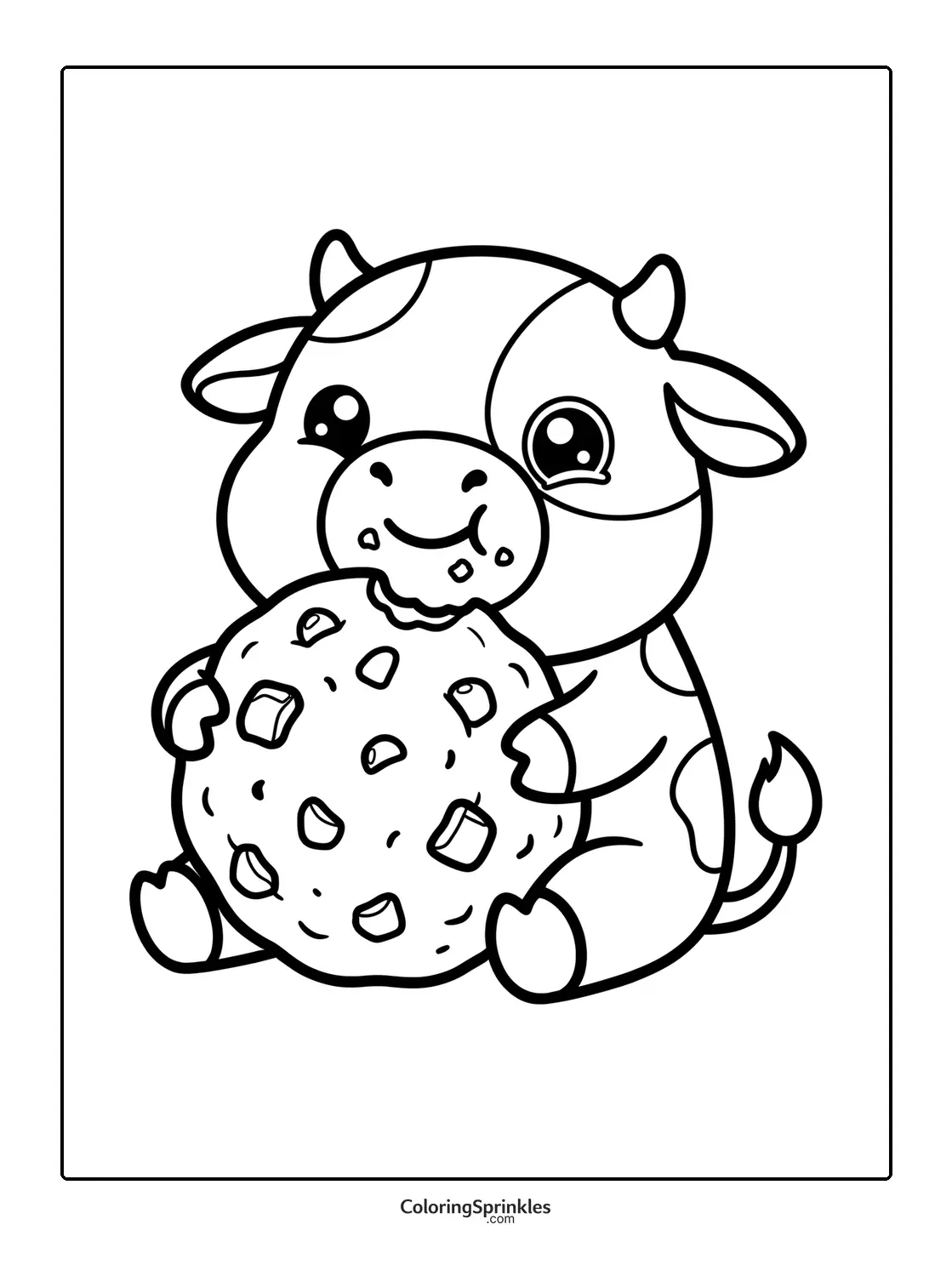 Coloring page of a cute cow eating a large cookie