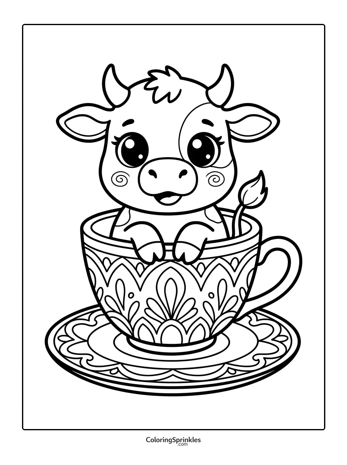 Coloring page of a cute cow sitting inside a patterned teacup