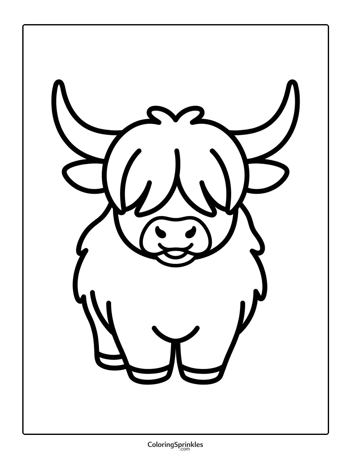 Coloring page of a cute Highland cow facing forward