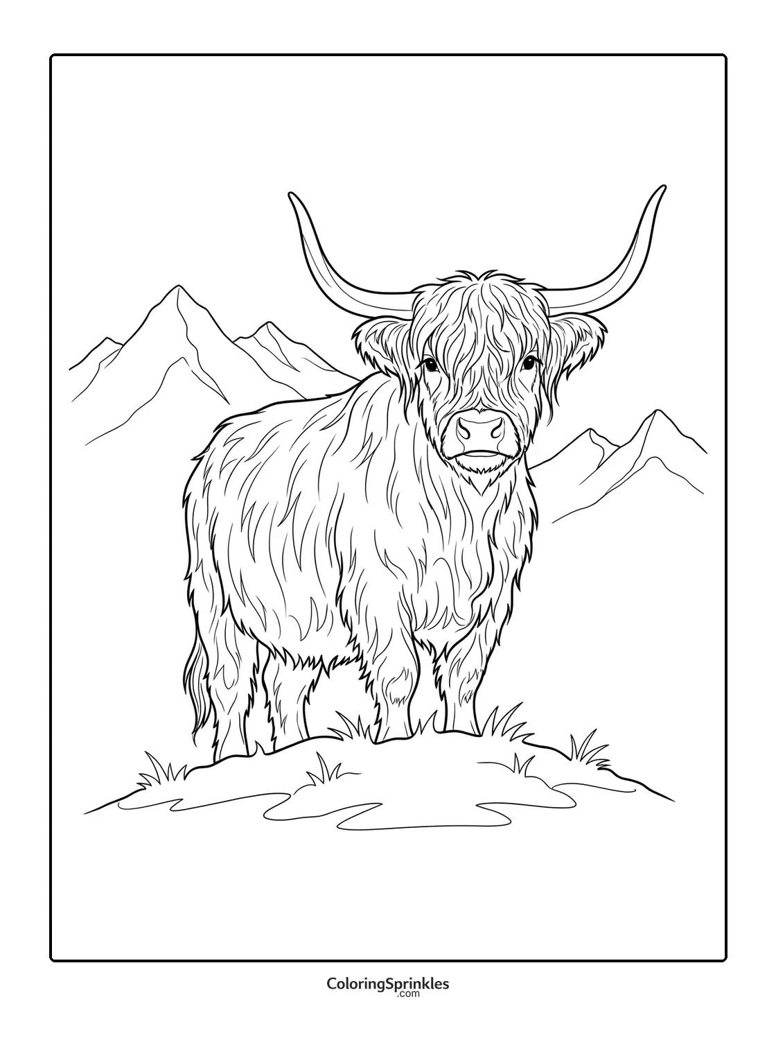 Coloring page of a highland cow standing on a grassy hill with mountains in the background