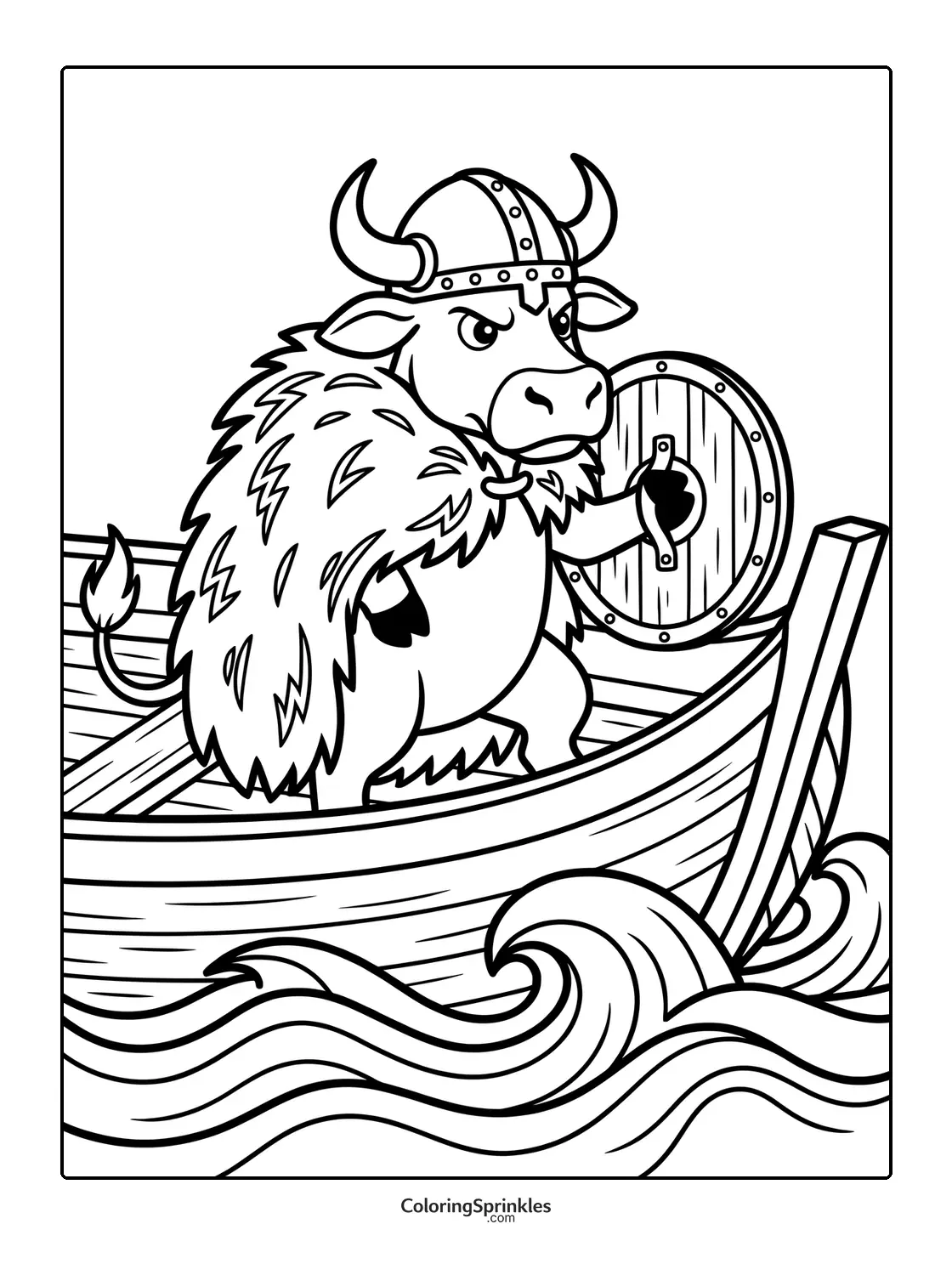 Coloring page of a Viking cow standing in a boat holding a shield