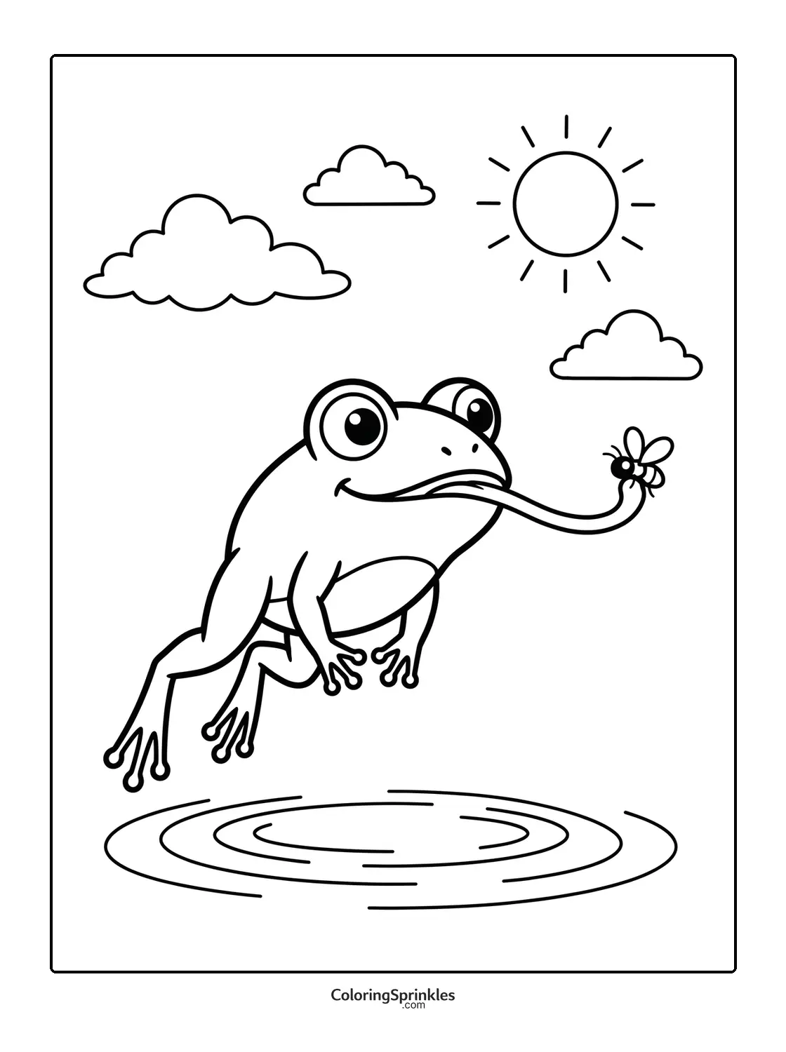Coloring page of a frog catching a fly with its tongue near a pond under the sun and clouds