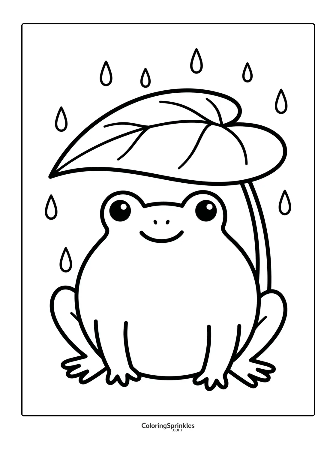 Coloring page of a frog sitting under a leaf in the rain