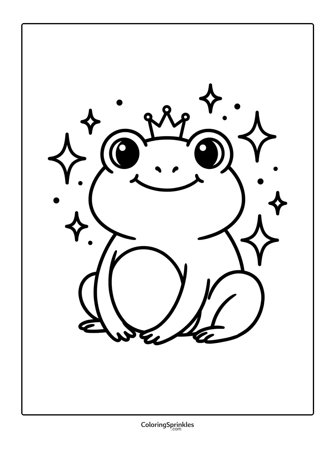 Coloring page of a frog prince sitting with a crown and sparkles