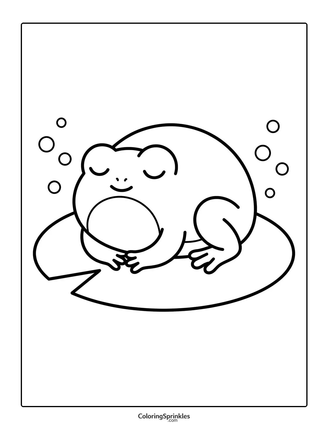 Coloring page of a frog sitting on a lily pad with bubbles