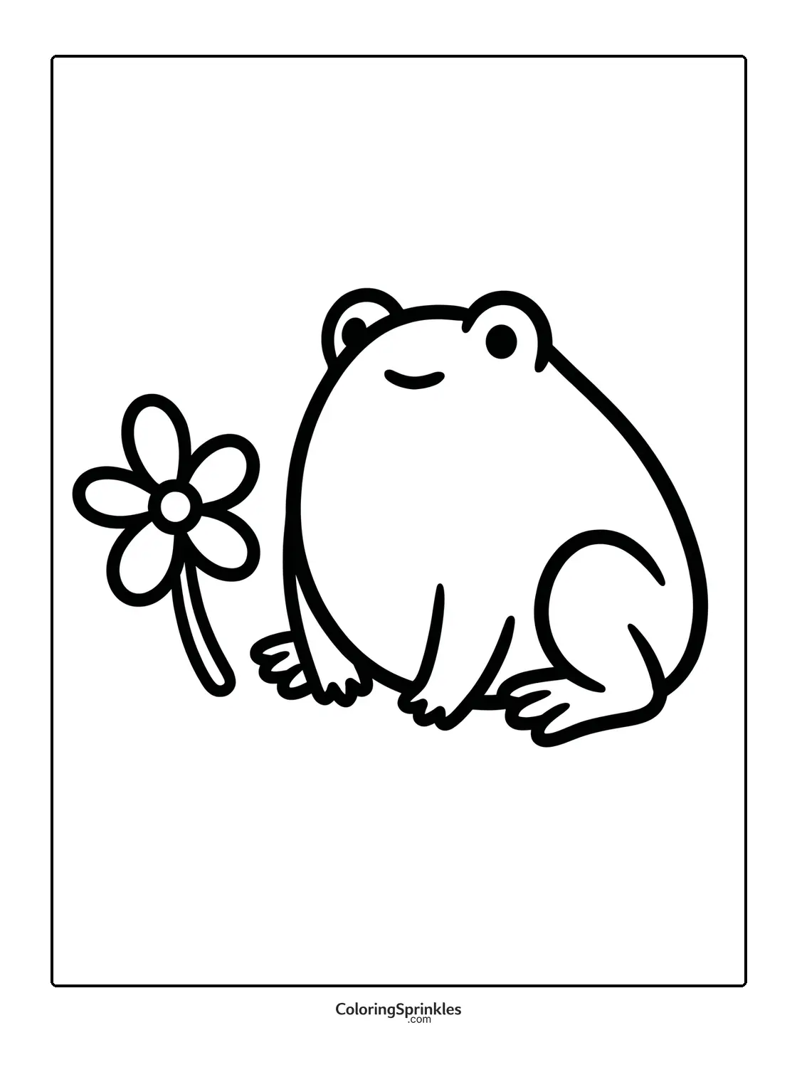 Coloring page of a smiling frog sitting next to a flower