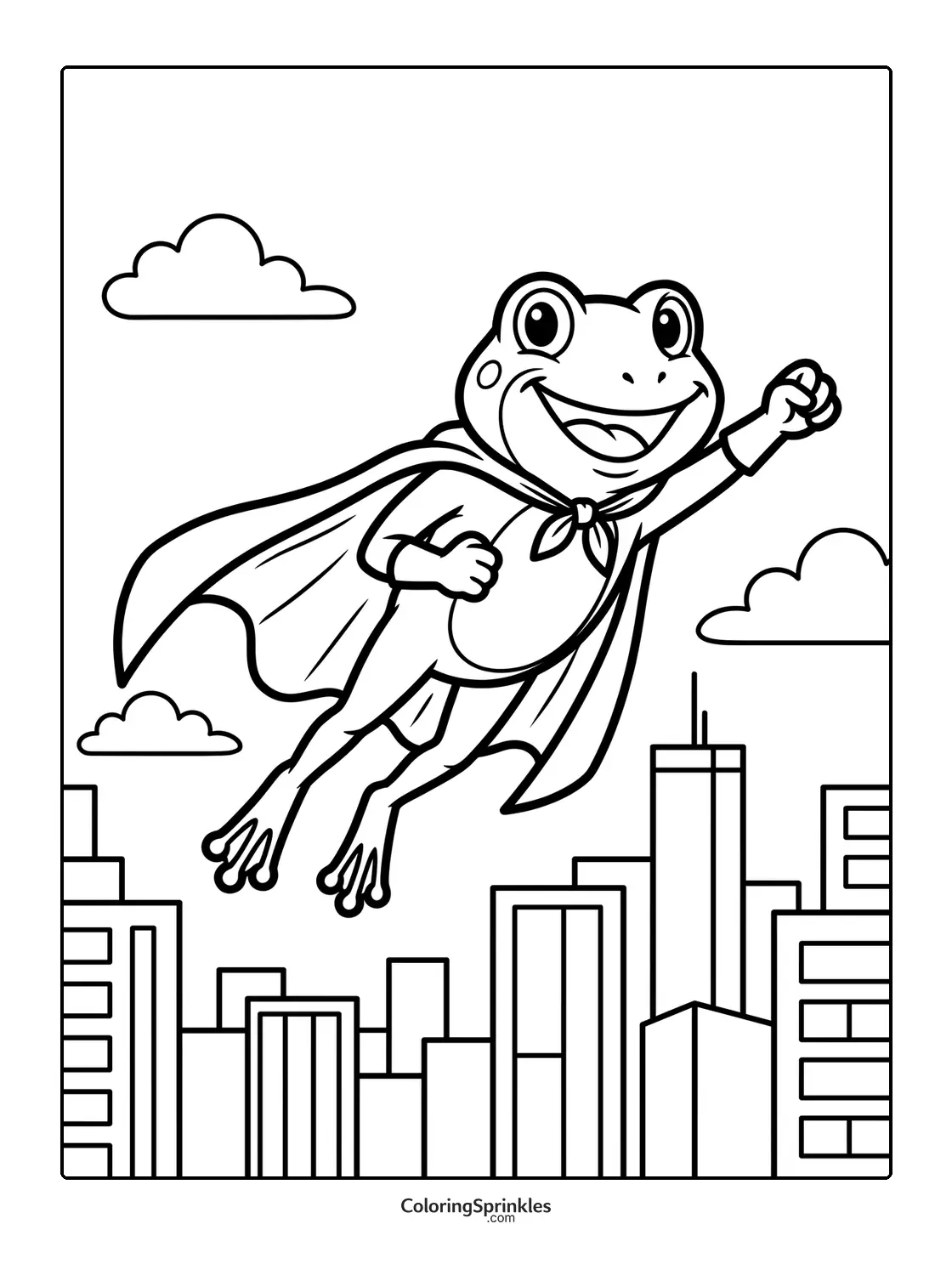 Coloring page of a superhero frog flying over a cityscape