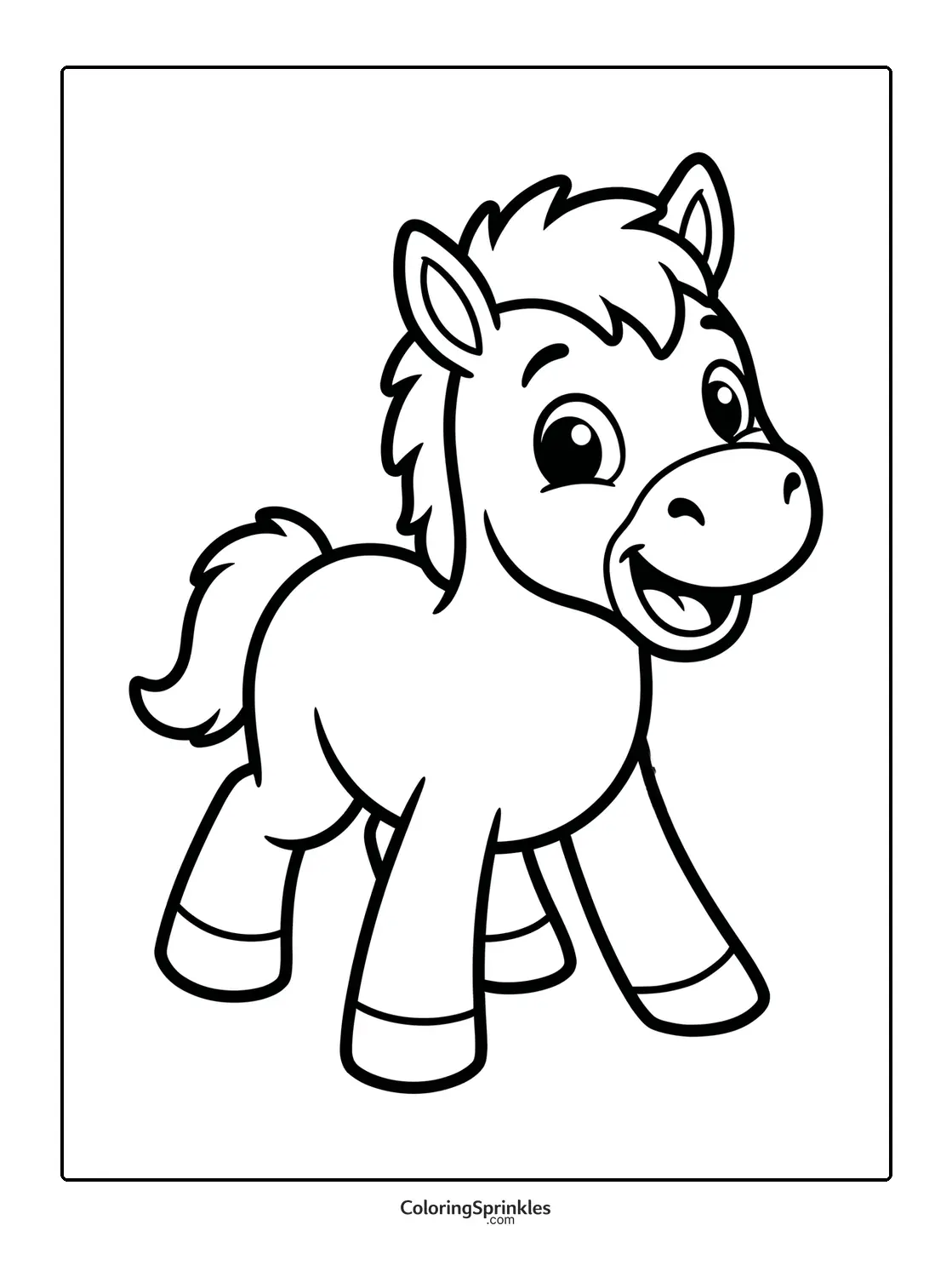 Coloring page of a cute happy baby horse