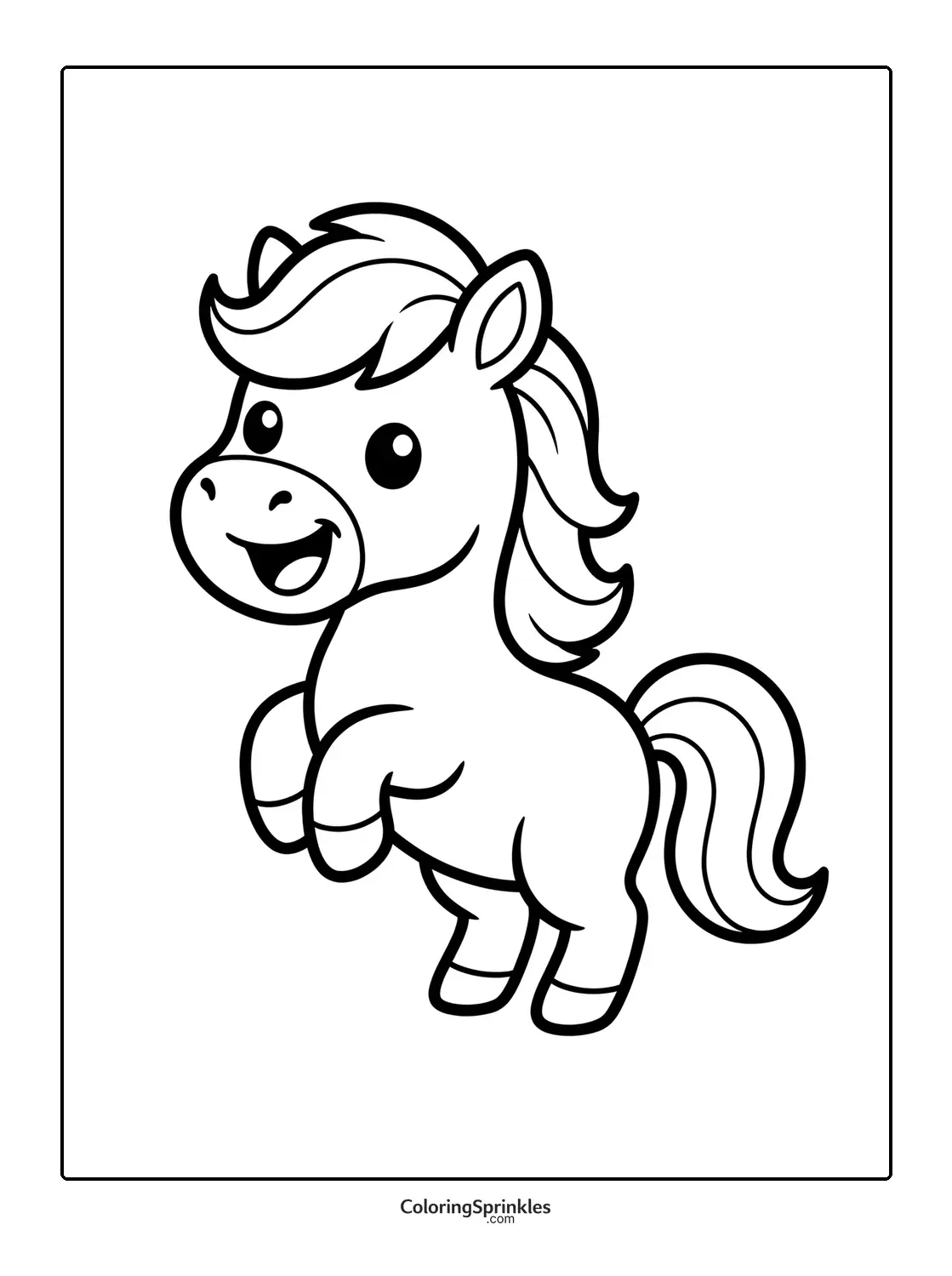 Coloring page of a cute smiling cartoon horse