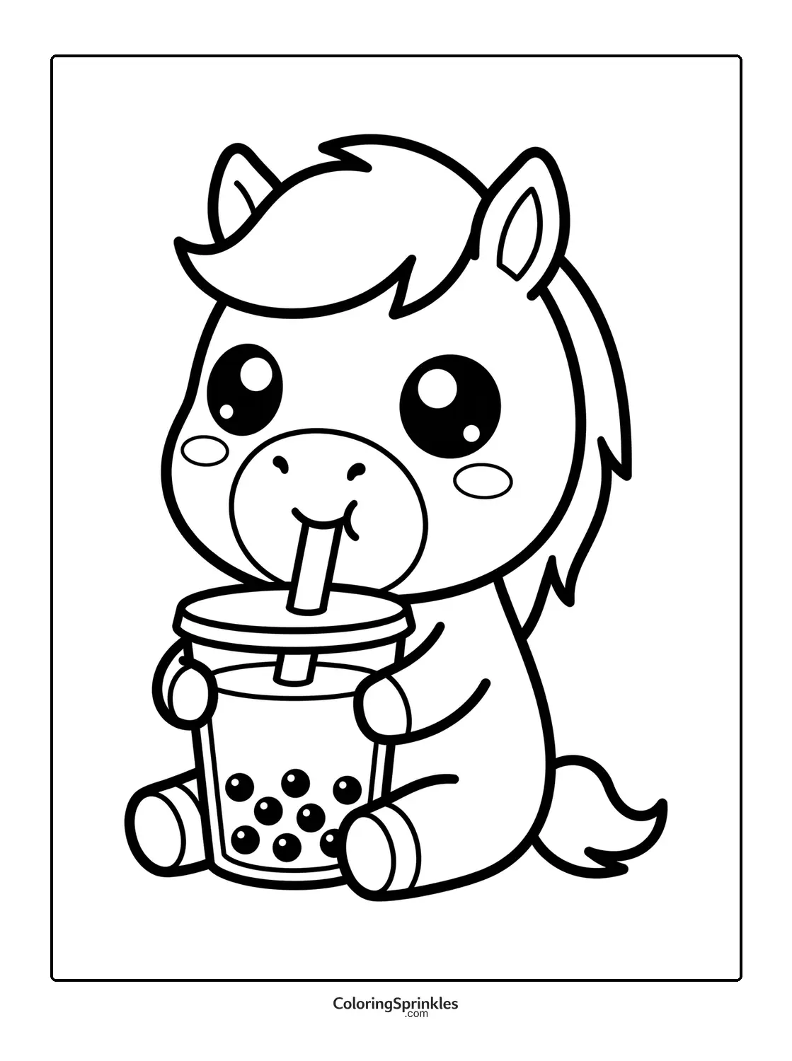 Coloring page of a cute horse drinking bubble tea