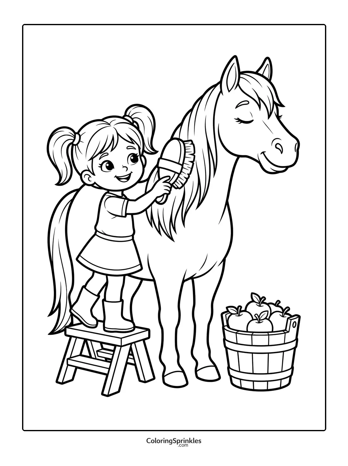 Coloring page of a girl brushing a horse with a bucket of apples and step stool