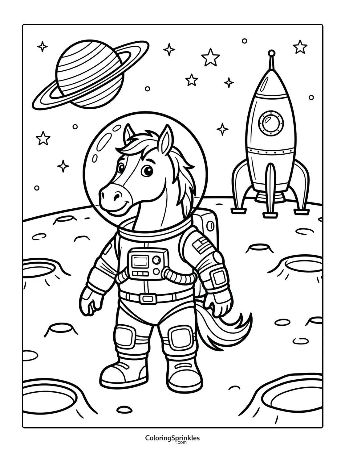 Coloring page of a horse astronaut in a spacesuit on the moon with a rocket