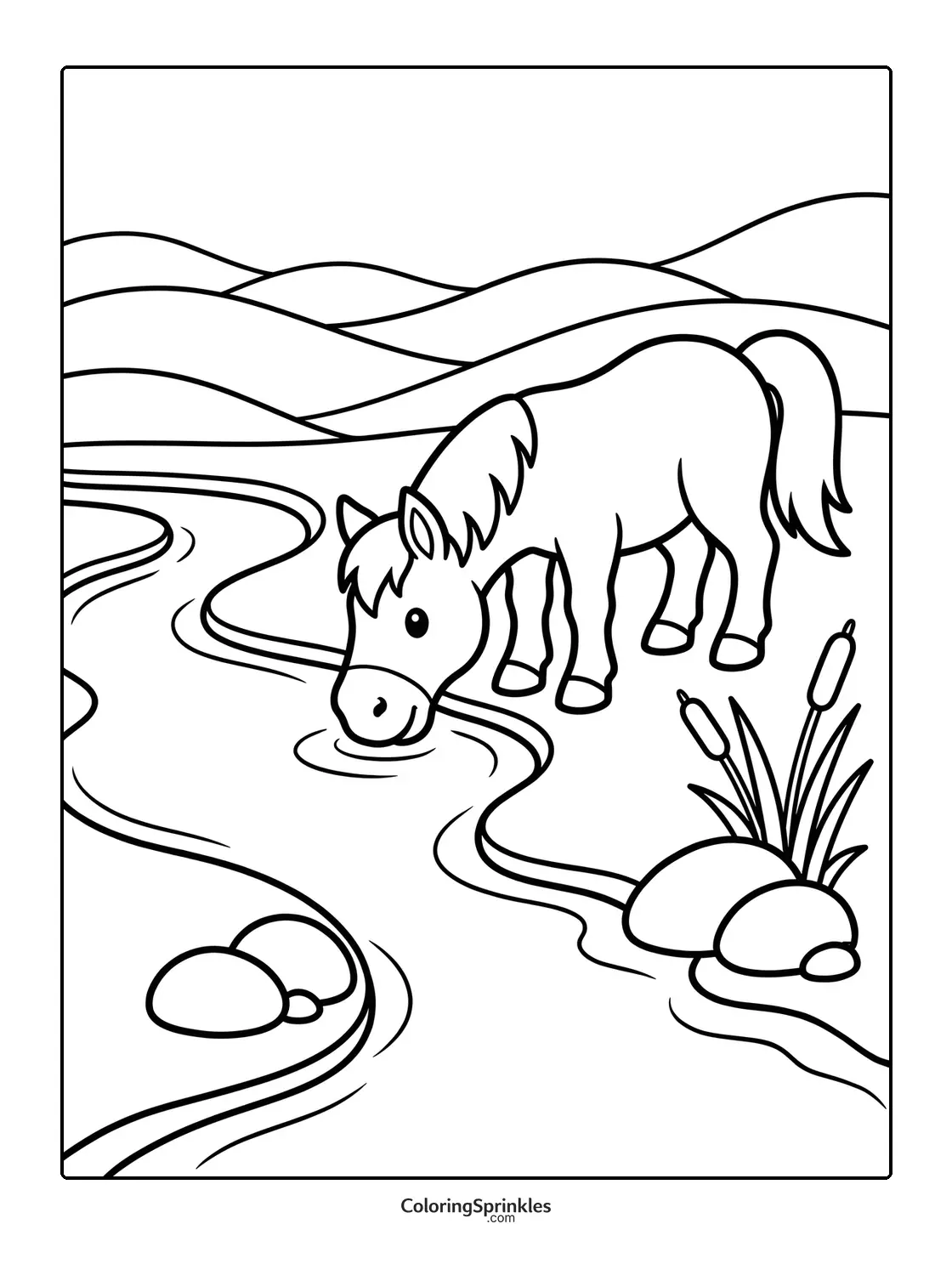 Coloring page of a horse drinking from a stream near cattails and hills