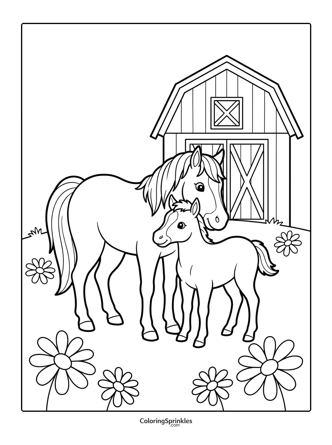 Coloring page of a horse and foal standing near a barn with flowers