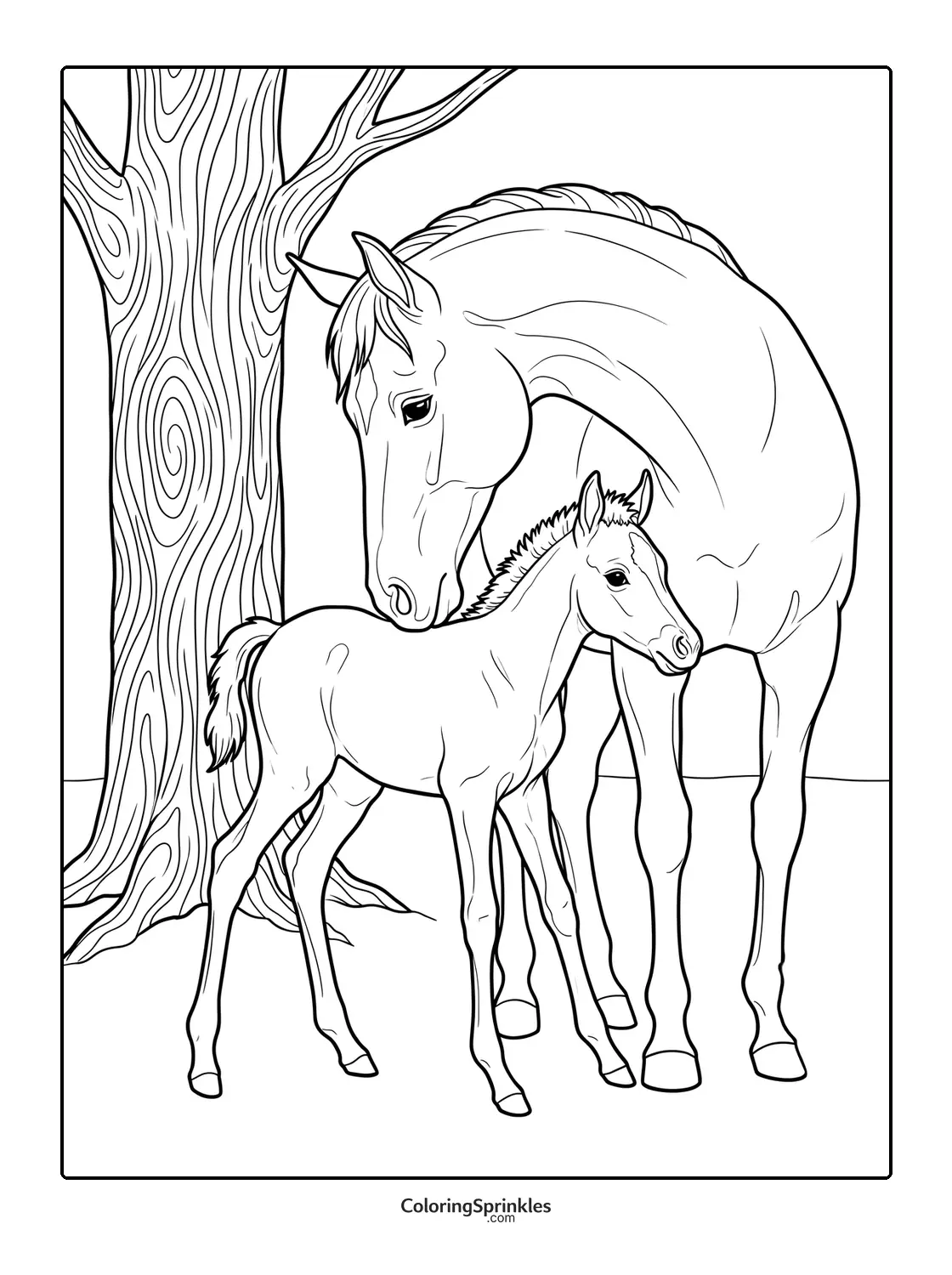 Coloring page of a horse and foal standing near a tree