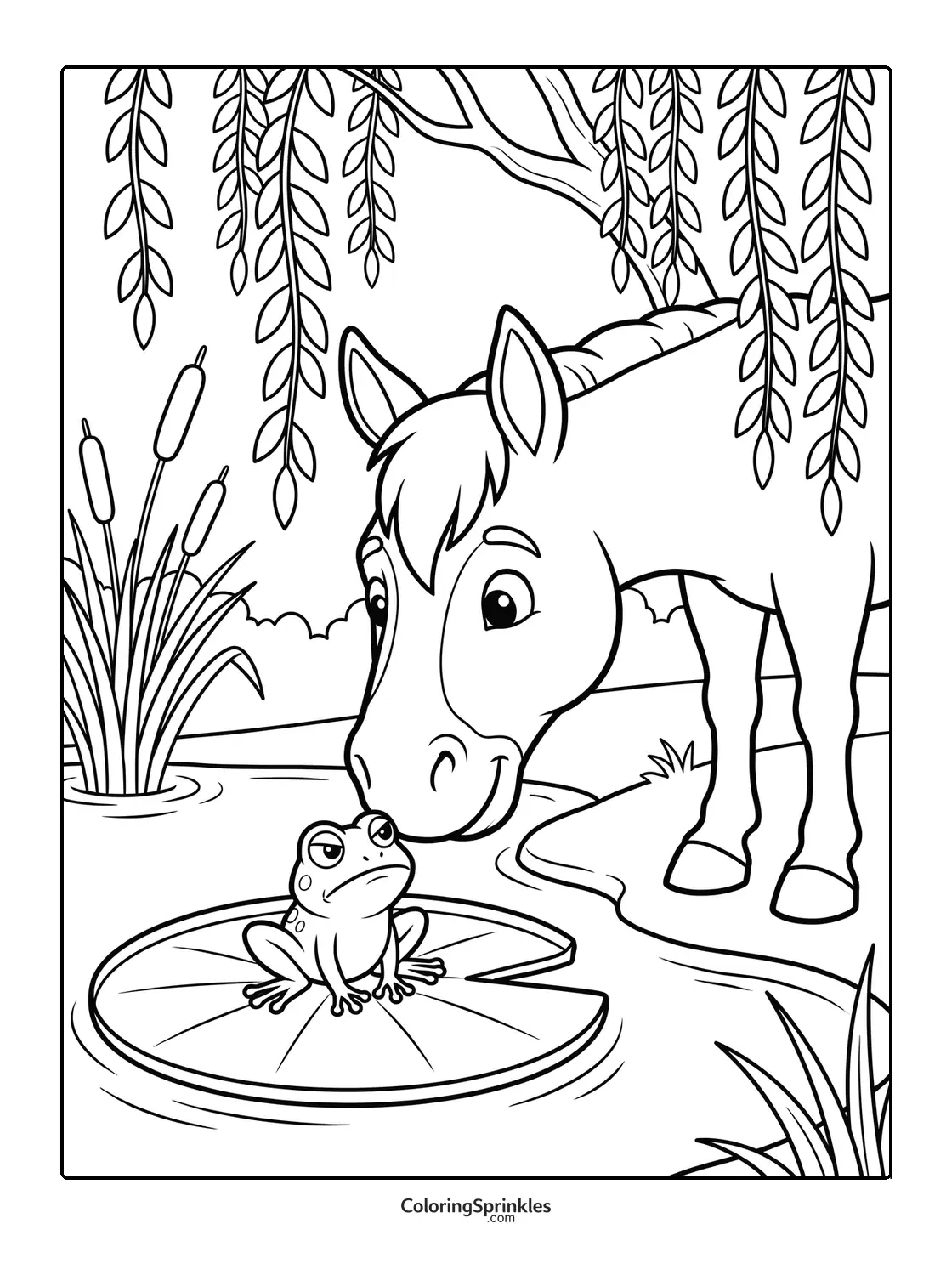 Coloring page of a horse looking at a frog on a lily pad in a pond