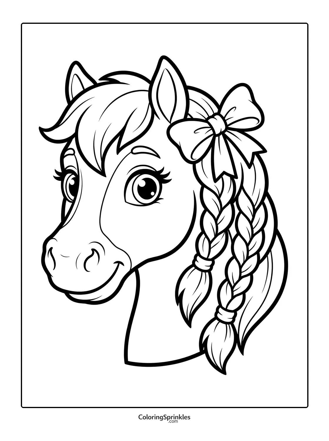 Coloring page of a horse head with braided mane and bow