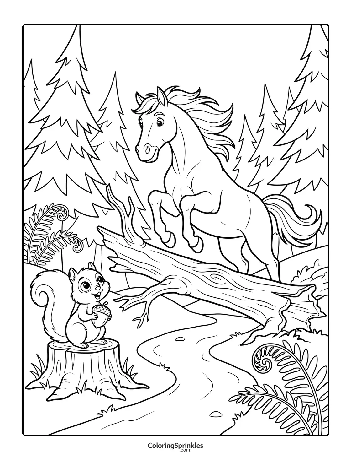 Coloring page of a horse jumping over a fallen tree in a forest with a squirrel holding an acorn