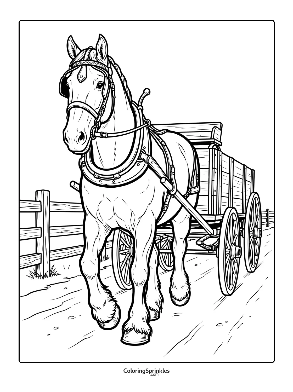 Coloring page of a horse pulling a wooden wagon on a farm road