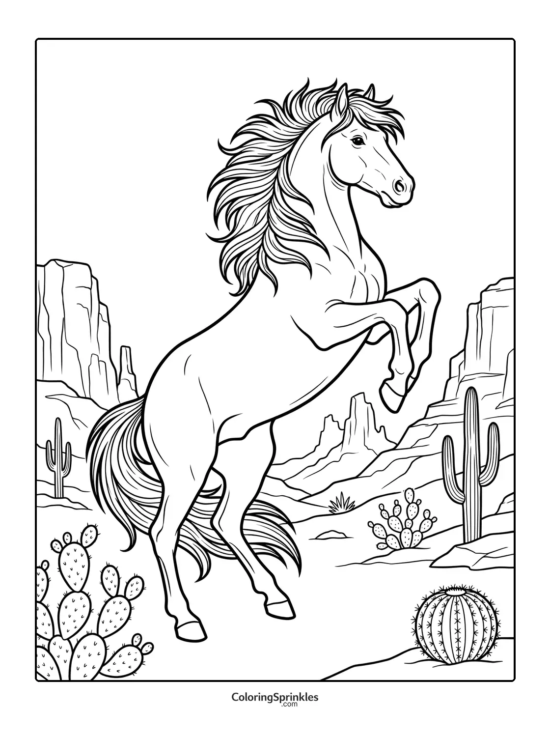 Coloring page of a horse rearing in a desert landscape with cacti and rocks