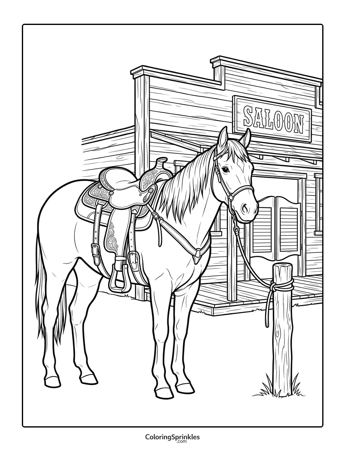 Coloring page of a saddled horse tied to a post in front of a saloon