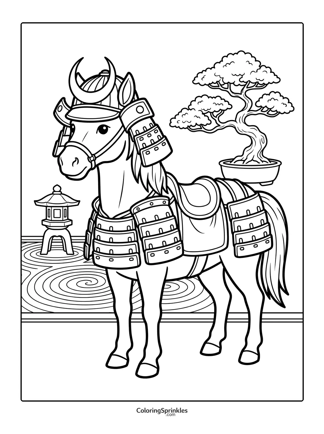 Coloring page of a horse wearing samurai armor in a Japanese garden