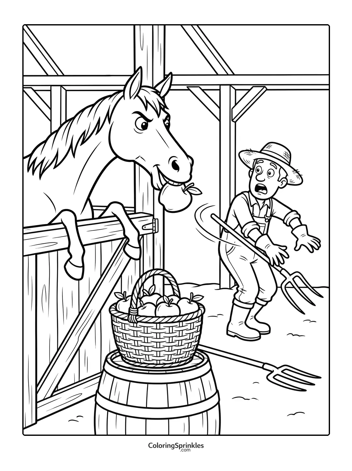 Coloring page of a horse stealing an apple while a farmer looks surprised in a barn