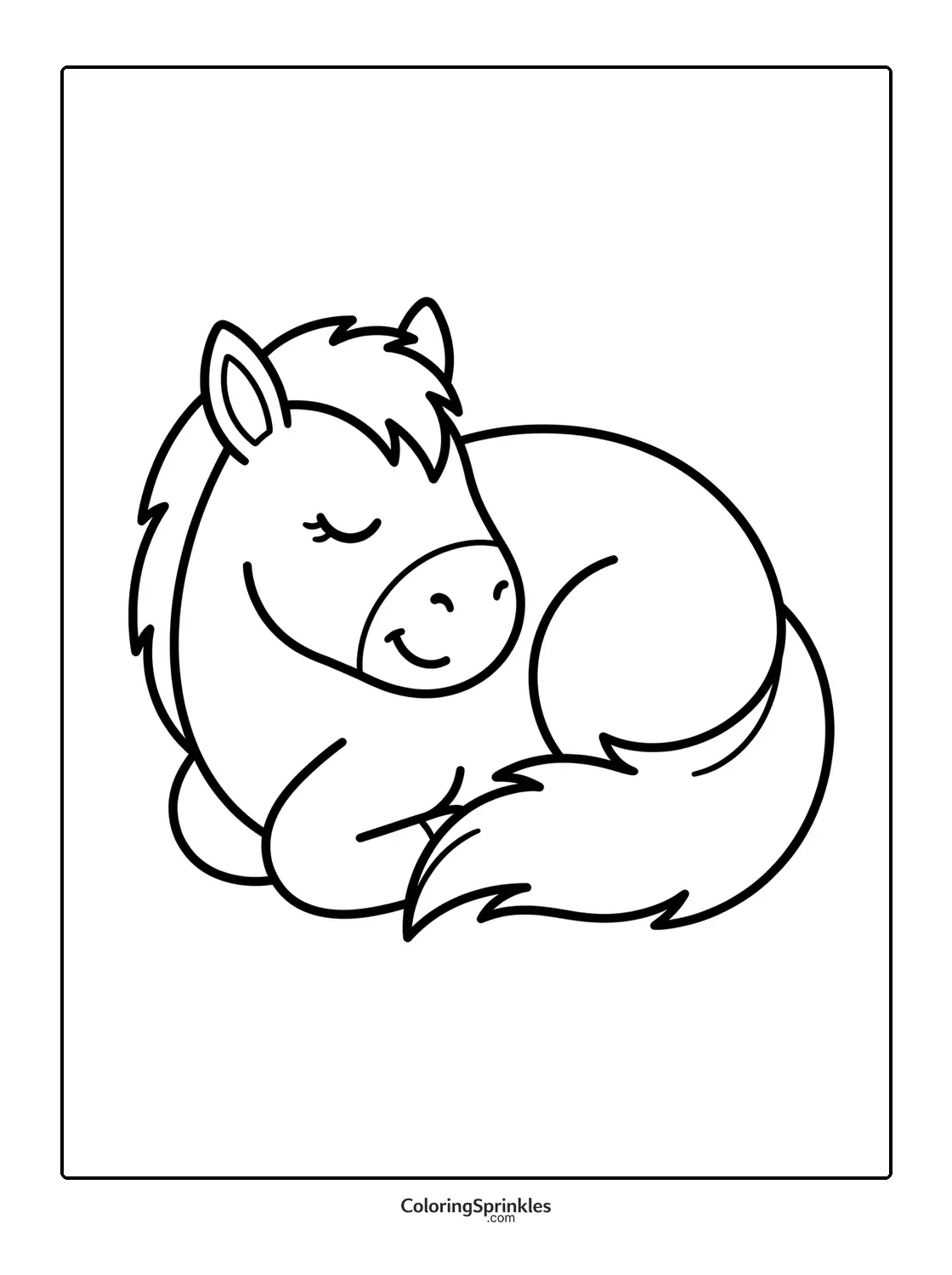Coloring page of a cute cartoon horse sleeping curled up