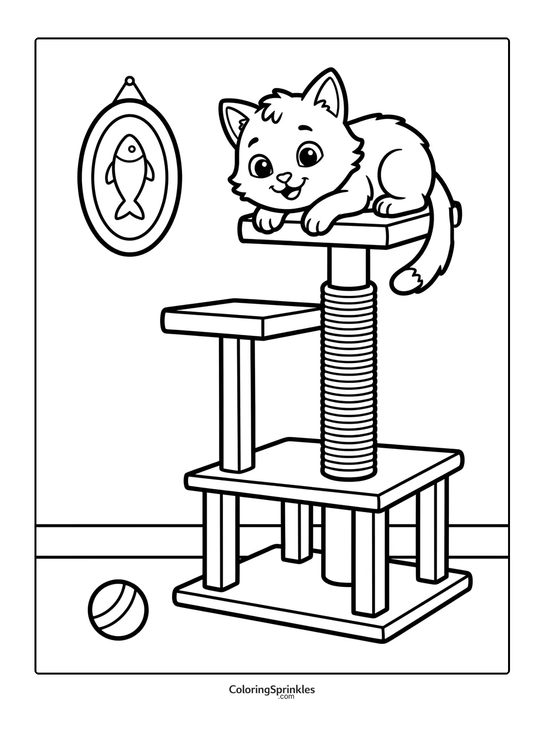 Coloring page of a kitten on a cat tree with a ball and fish picture
