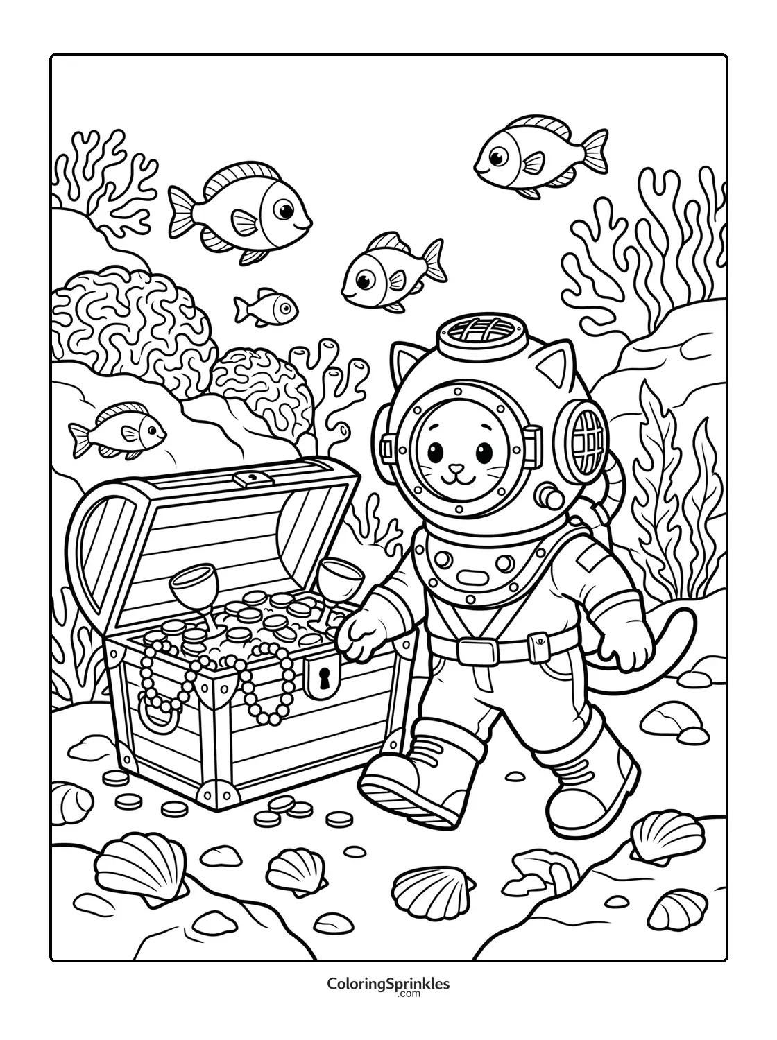 Coloring page of a kitten diver underwater with a treasure chest and fish