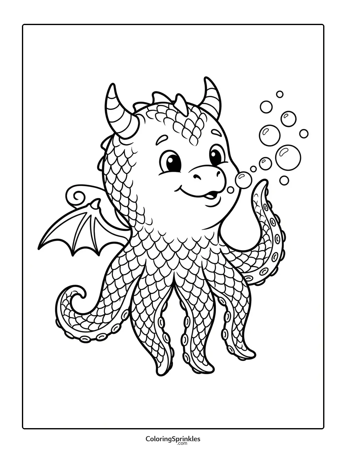 Coloring page of a cute dragon and octopus hybrid blowing bubbles