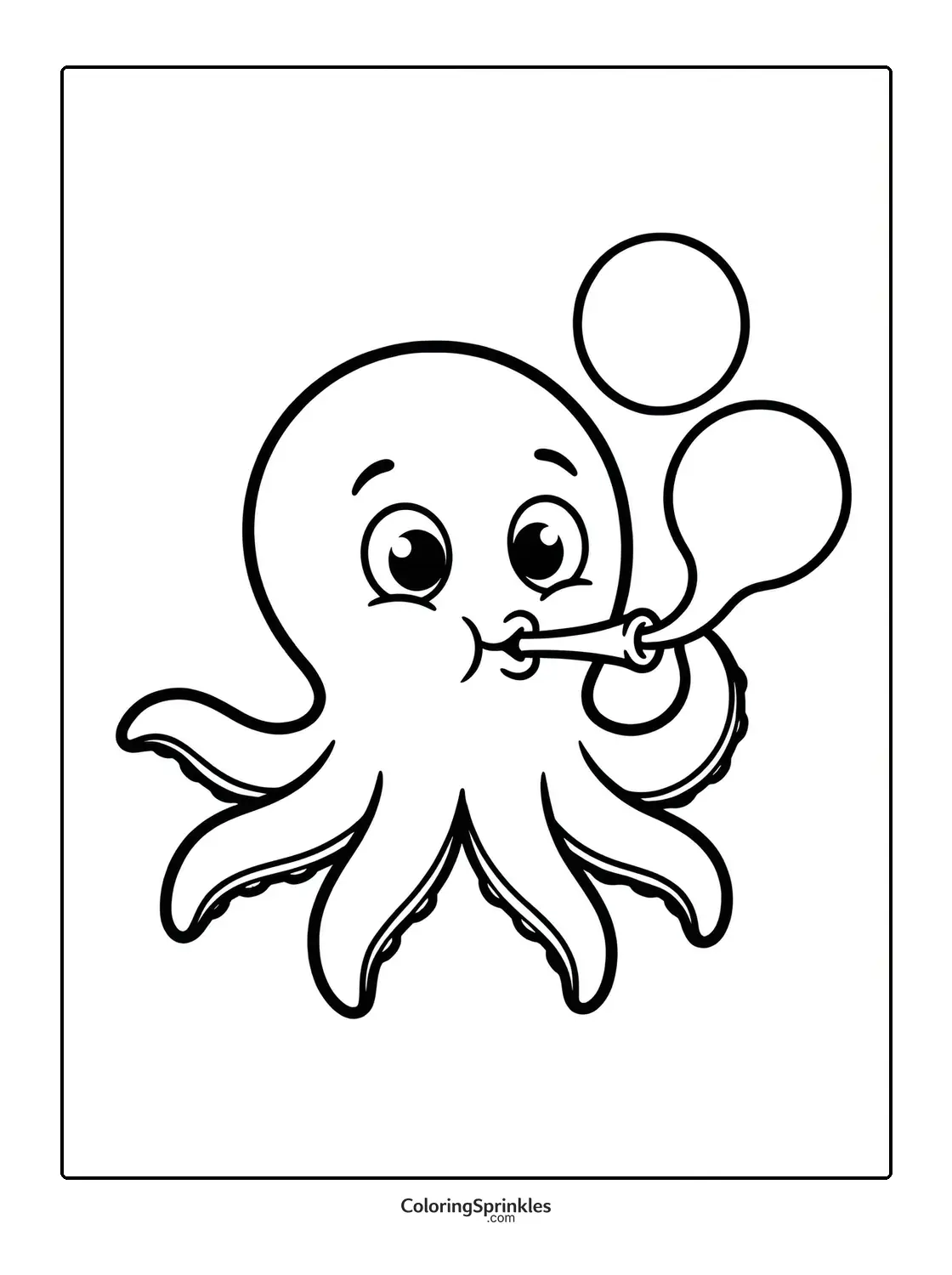 Coloring page of a cute octopus blowing bubbles