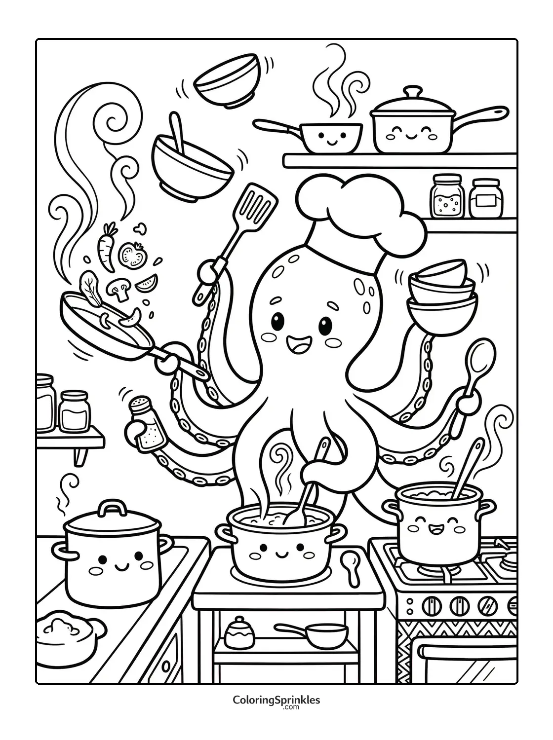 Coloring page of an octopus chef cooking with multiple kitchen utensils