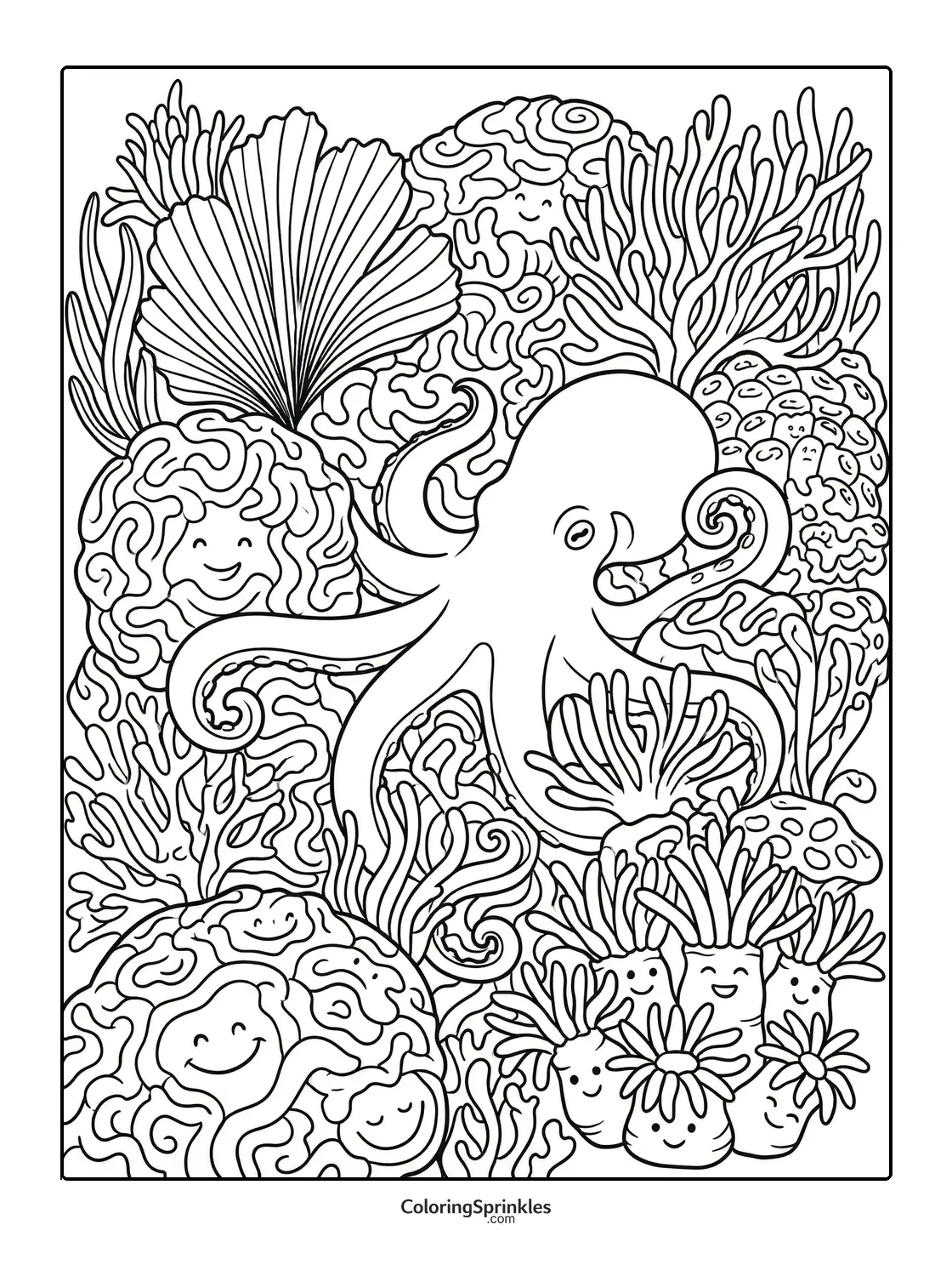 Coloring page of an octopus surrounded by smiling coral reef creatures