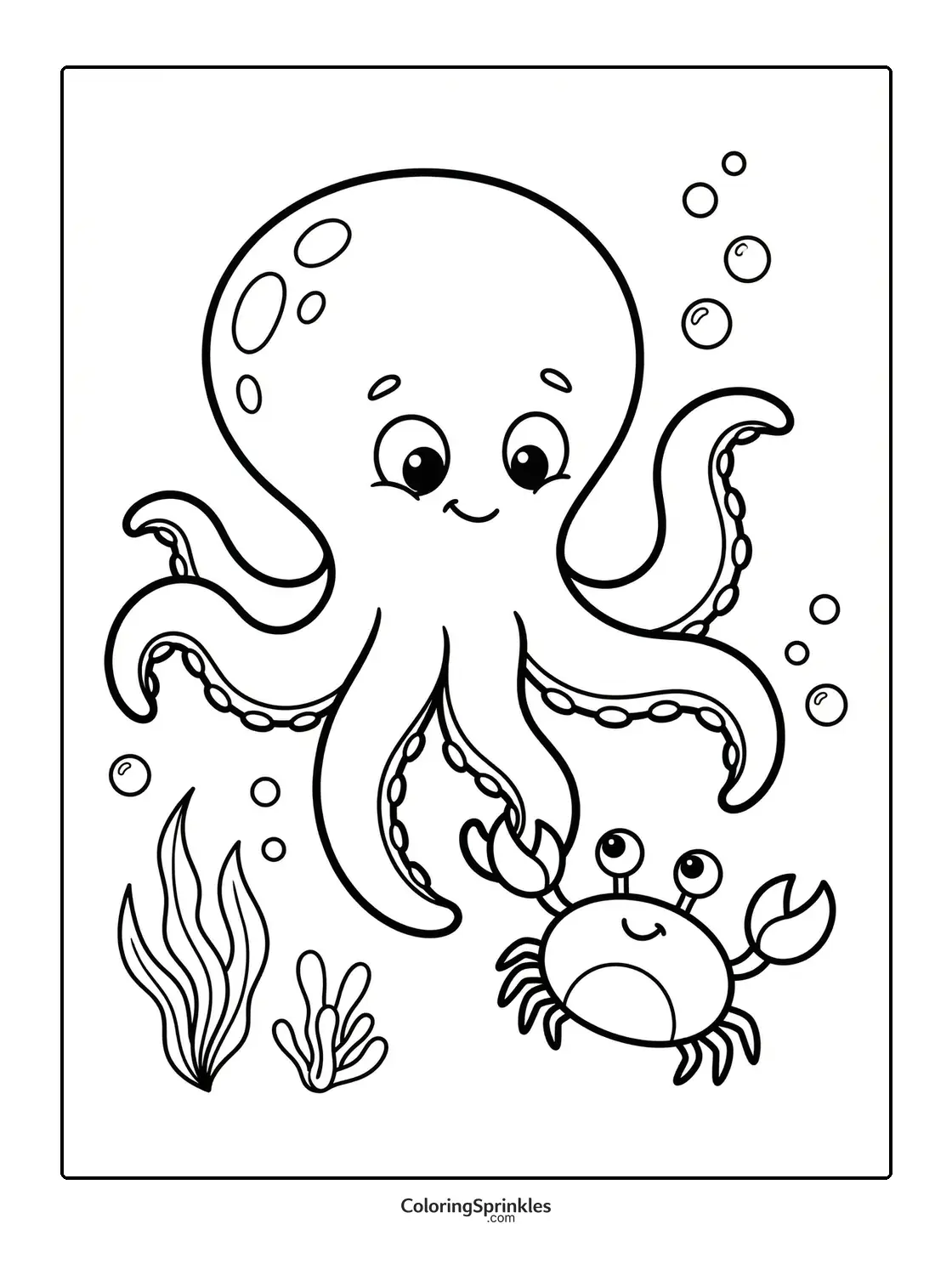 Coloring page of a happy octopus and crab underwater with seaweed and bubbles