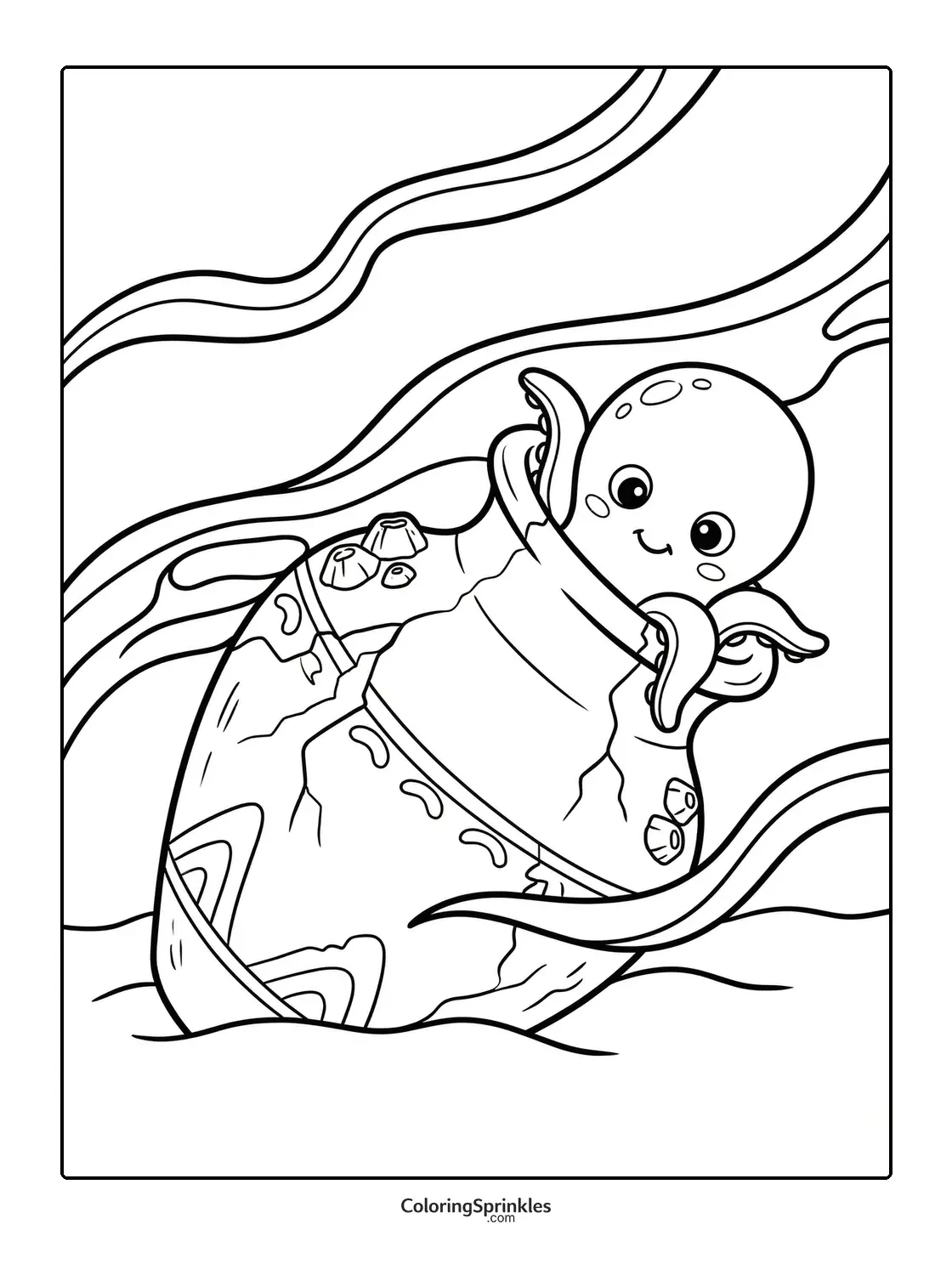 Coloring page of a cute octopus inside a decorated jar underwater