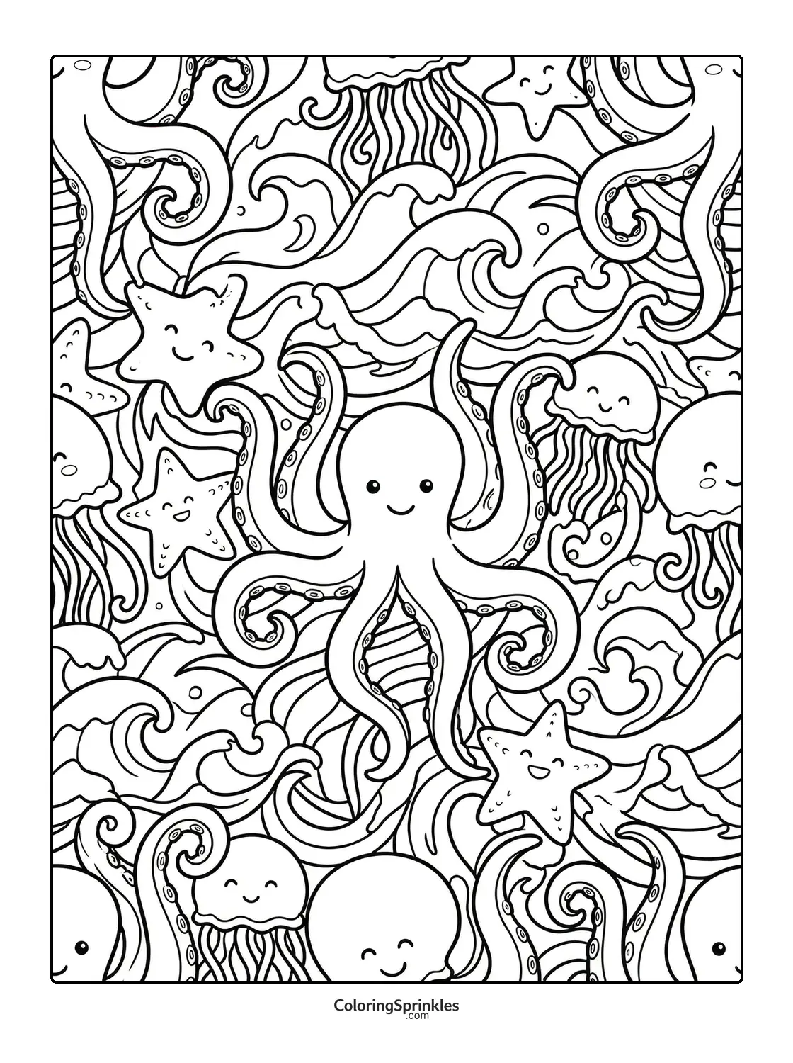 Coloring page of an octopus surrounded by jellyfish, starfish, and ocean waves