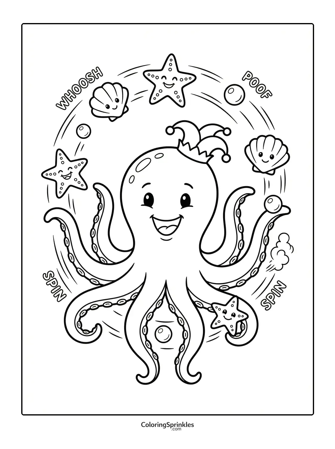 Coloring page of a happy octopus wearing a jester hat spinning starfish and shells