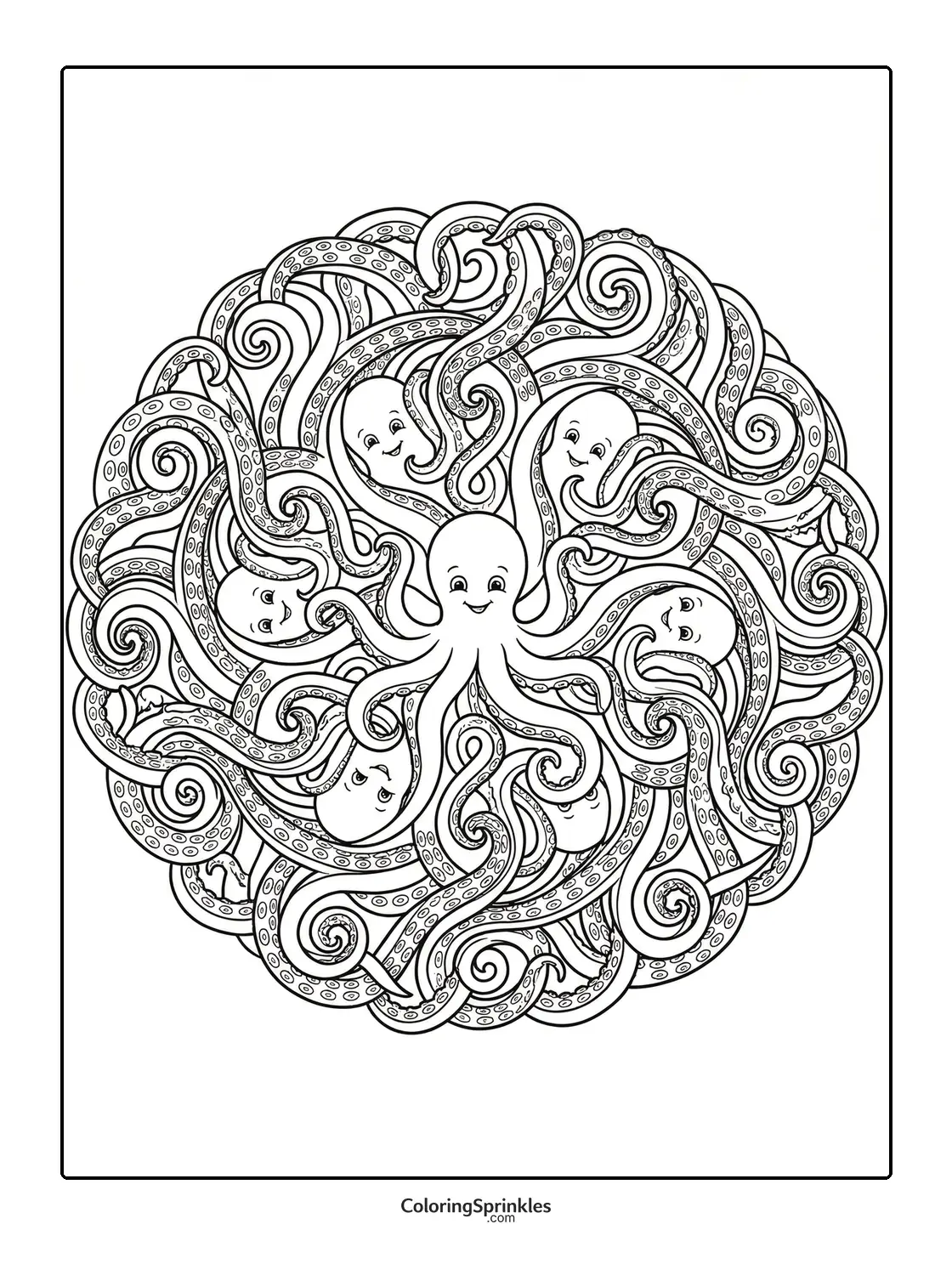 Coloring page of a mandala with smiling octopuses and swirling tentacles