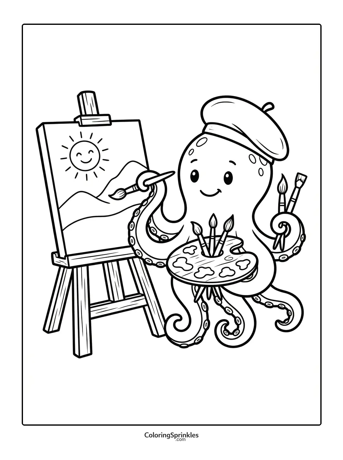 Coloring page of an octopus painter with an easel and palette