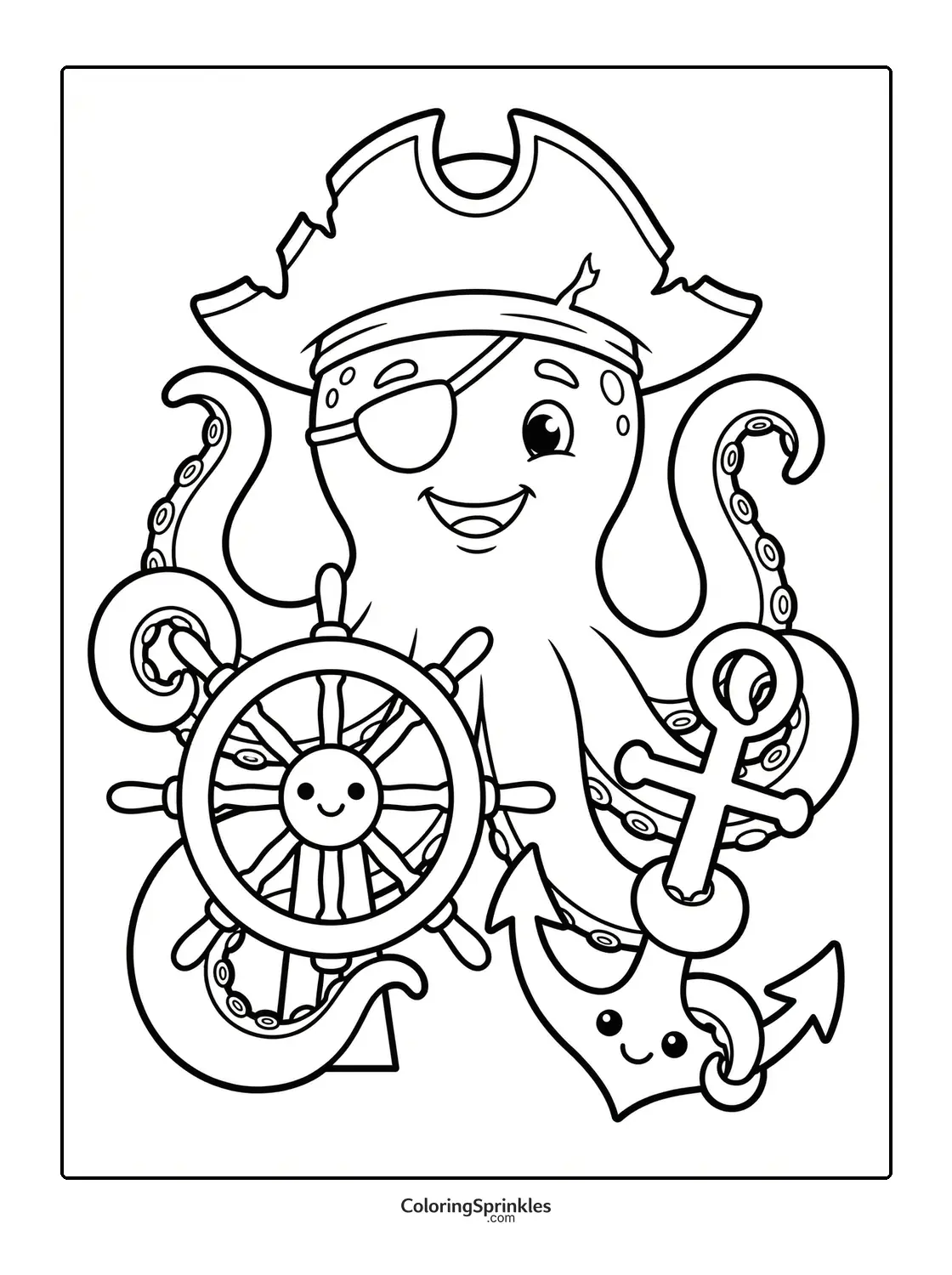 Coloring page of a pirate octopus holding an anchor and ship wheel