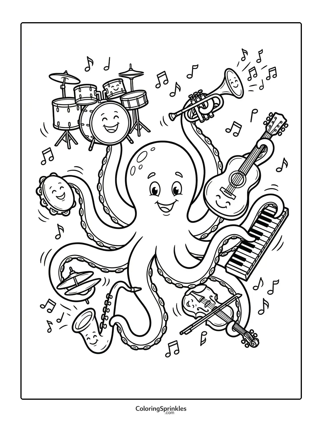 Coloring page of an octopus playing multiple musical instruments