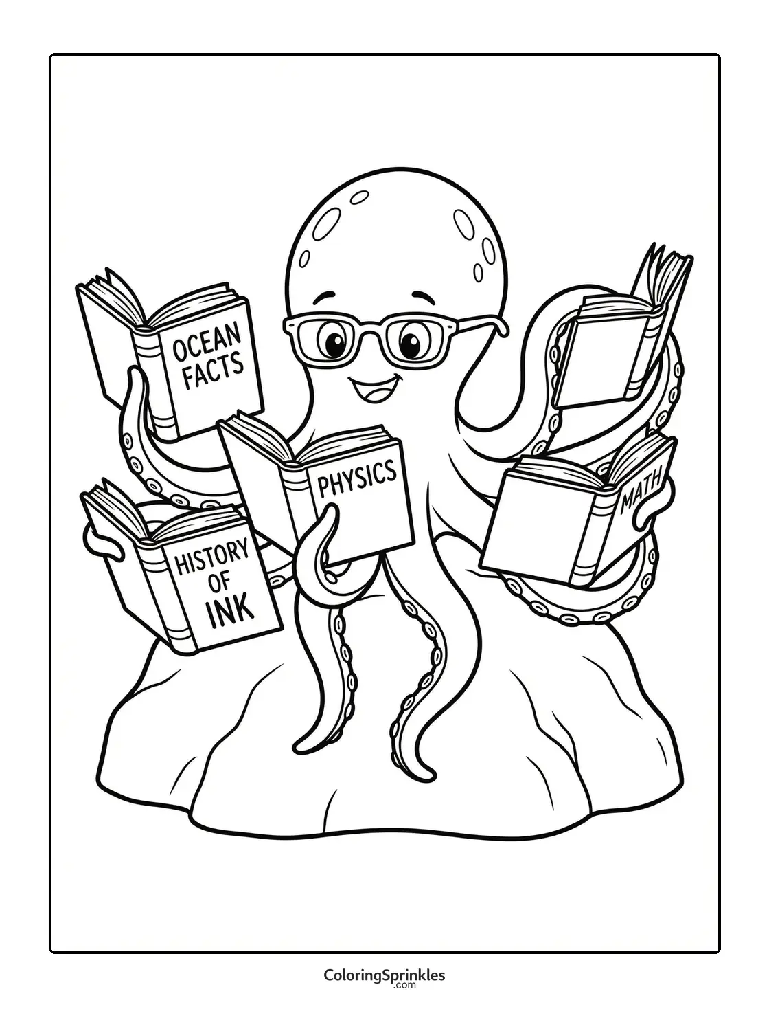 Coloring page of an octopus wearing glasses reading multiple books on a rock